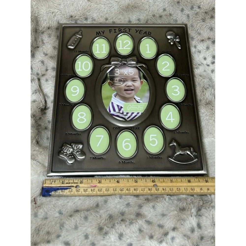 Baby’s First Year Pewter Silver Photo Frame NWT Stand Hanging 9x11 Green Tree